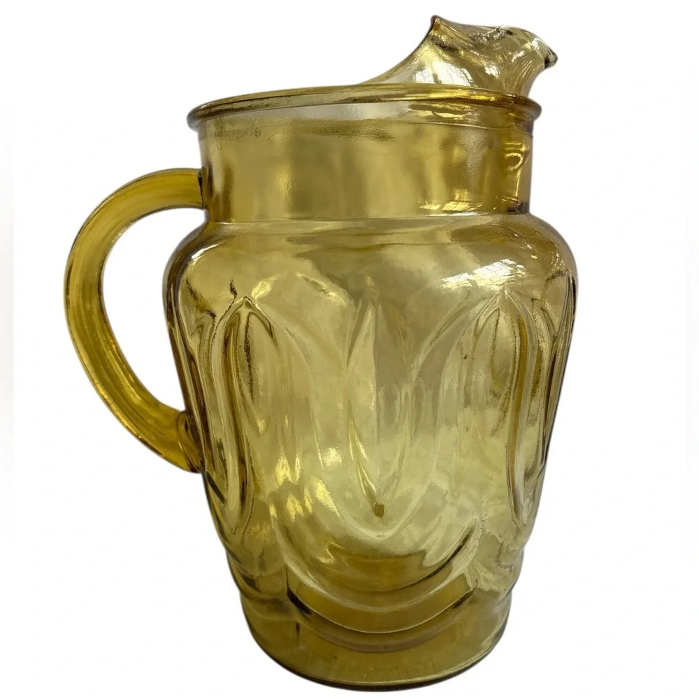 VINTAGE Pitcher Jug MCM Elegant Yellow Glass Patterned Large 9 inch Tall